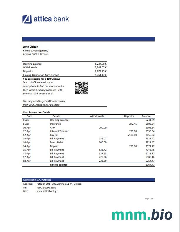 Szablon wyciągu bankowego Grecja Alpha w programie Word i PDF